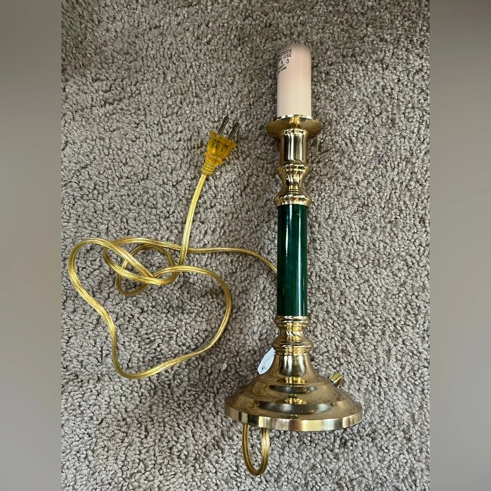 Vintage MCM Brass & Green Faux Marble Candlestick Portable Lamp Taiwan 70s